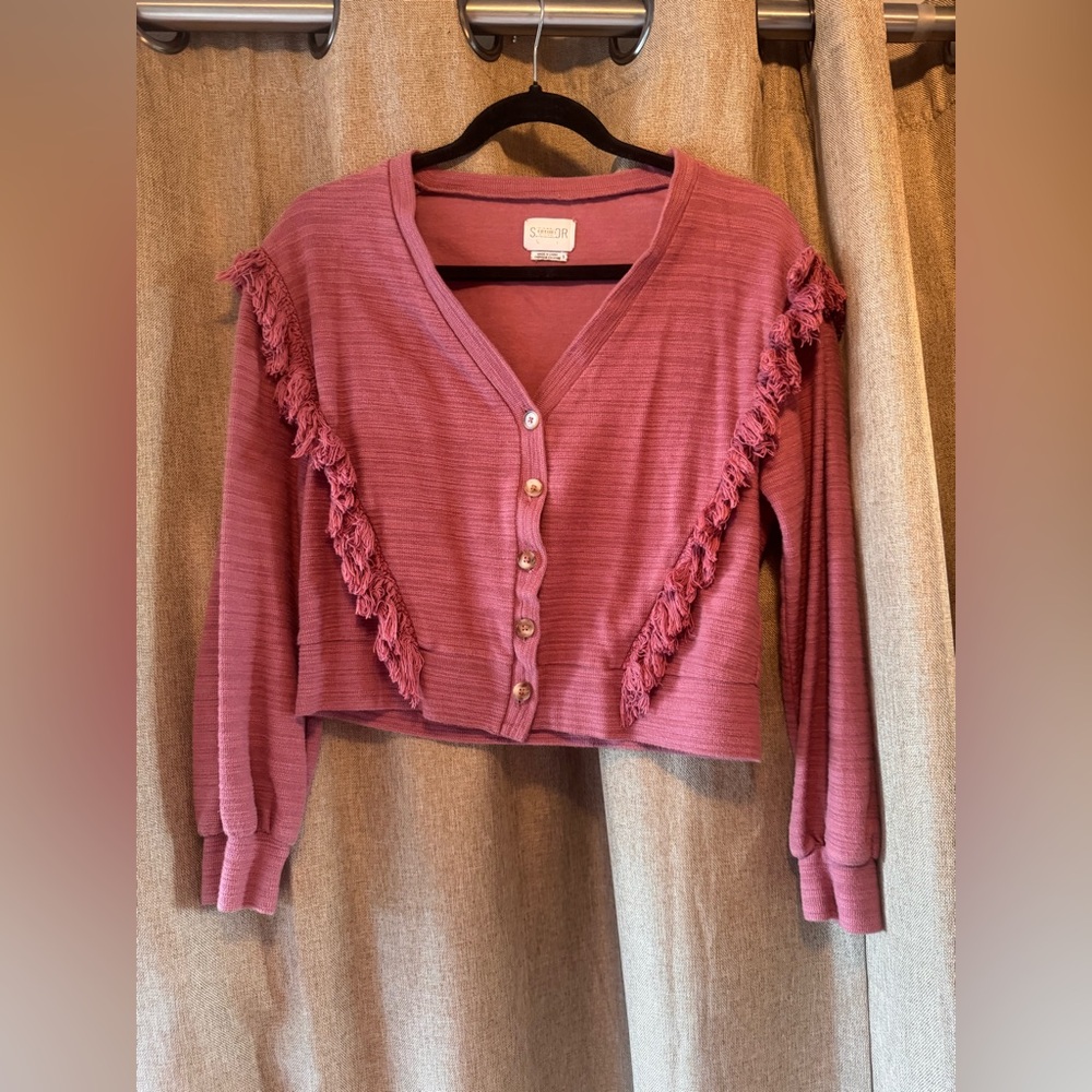 SAYLOR Pink Fringed Cardigan Sweater